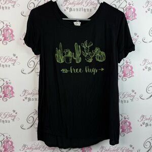 Paper Crane T-shirt free hugs cactus cute Black Tee with Green Cactus Design